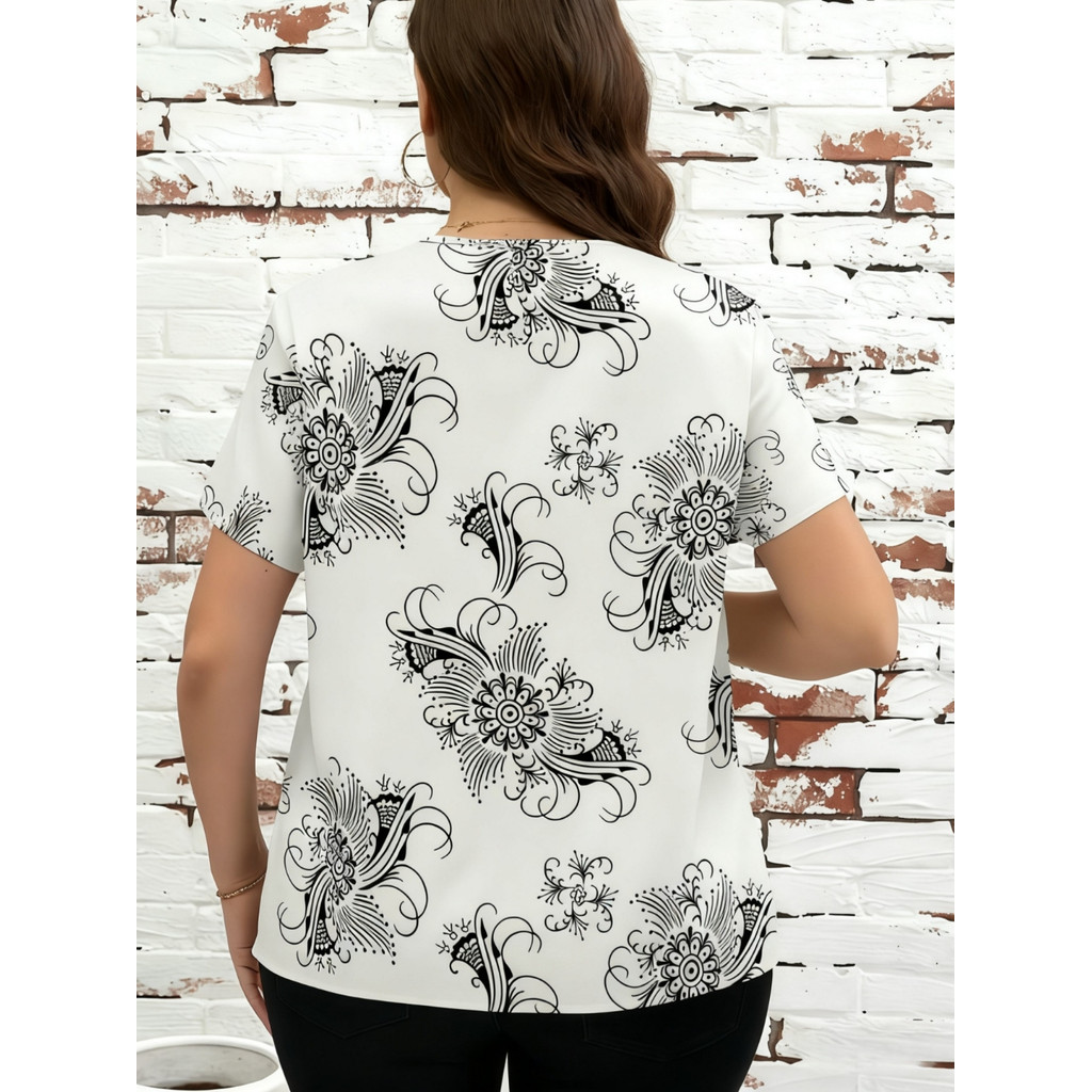 Blusa Floral De Manga Curta Com Decote Em V Para Mulheres Plus Size, Estilo De Férias G1 G2 G3 G4