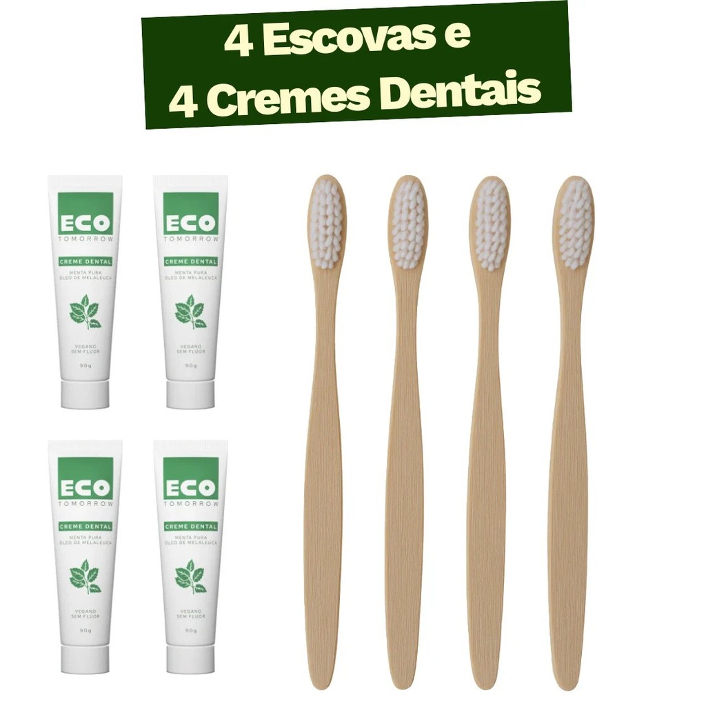 Kit 4 Escovas De Dente De Bambu 2 Creme Dental Menta Pura Sustentável Natural Branca Preta Colorida