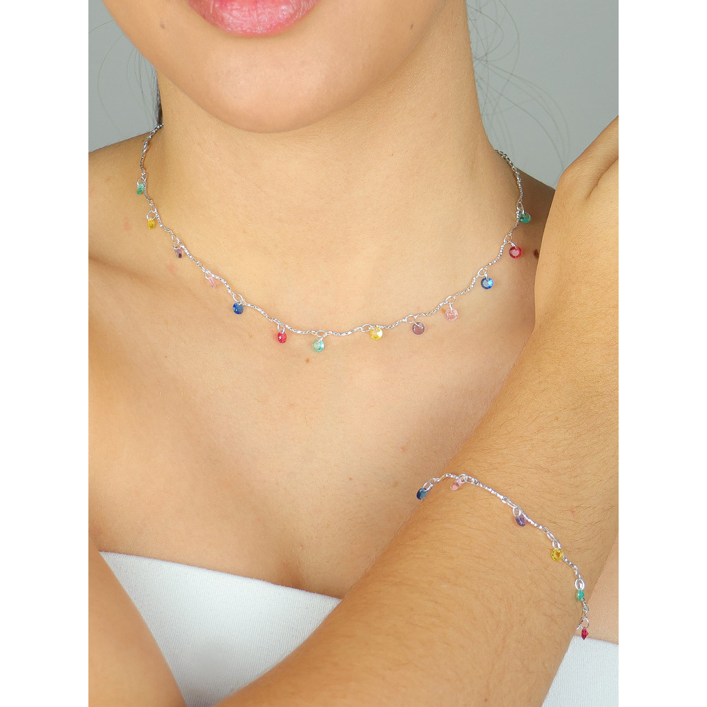 Conjunto colar + pulseira zirconia colorida prata 925