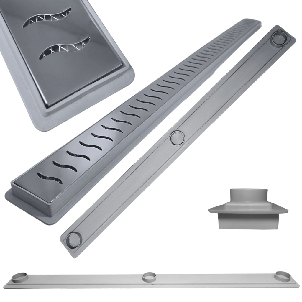 Ralo Linear Inox Ondas SS Polido 5cm x 90cm Coletor Raso 3cm Cinza