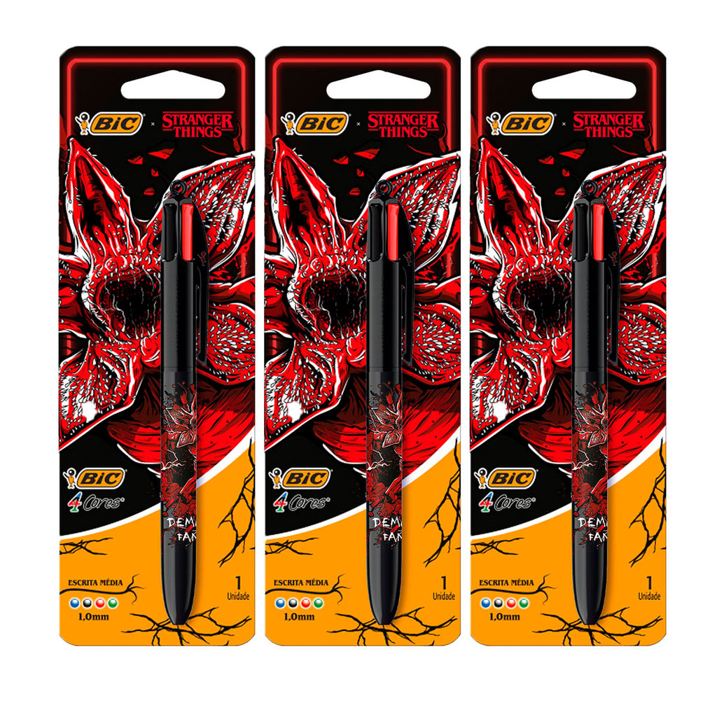Kit 3 peças caneta esferográfica 1.0 retrátil Stranger Things Demogorgon 4 cores Bic em Oferta na Shopee