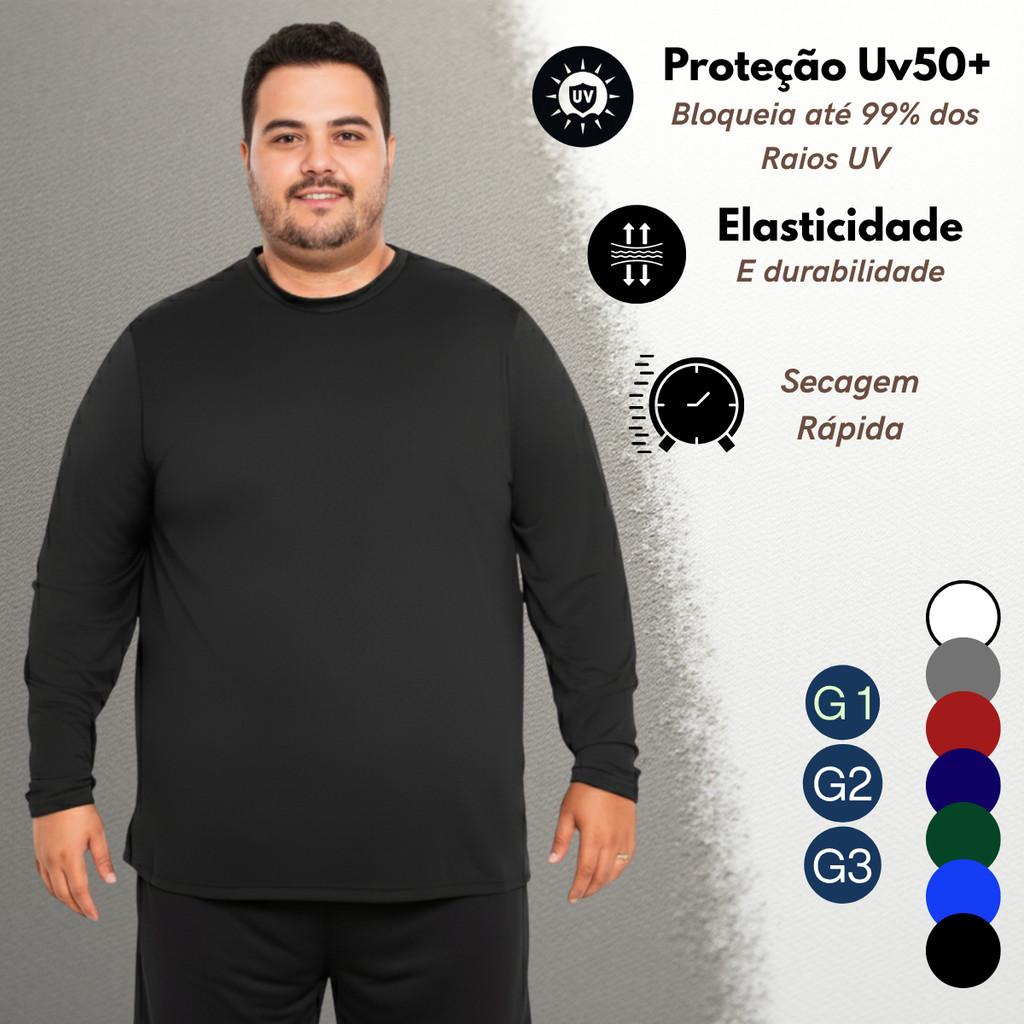 Camisa Térmica Plus Size Proteção Solar Uv 50+  Camiseta Masculina Manga Longa Segunda Pele Esportiva