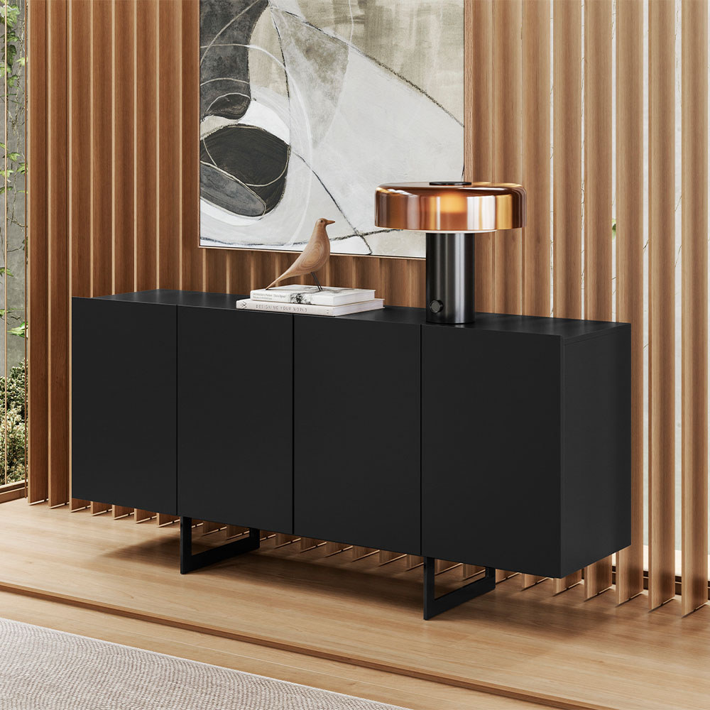 Aparador Buffet Para Sala de Jantar 4 Portas 160cm Pés Industrial Benita N01 Preto - Lyam Decor