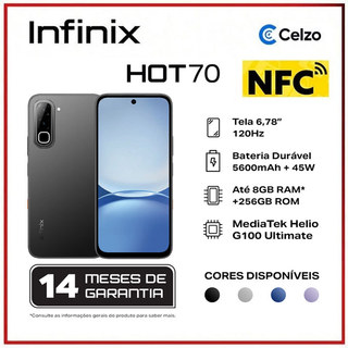 Smartphone Infinix HOT 70 4G 256GB 8GB RAM Tela 6.78” 120Hz Dimensity 7050 Bateria 6000mAh Android 16 NFC -Preto