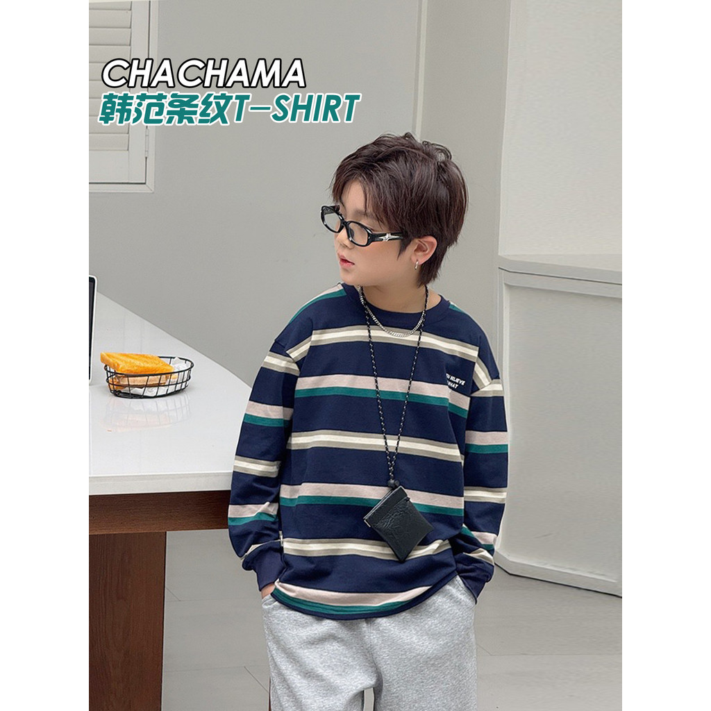 Chá mãe roupas infantis primavera outono novo estilo crianças estilo coreano listrado manga comprida camiseta meninos em