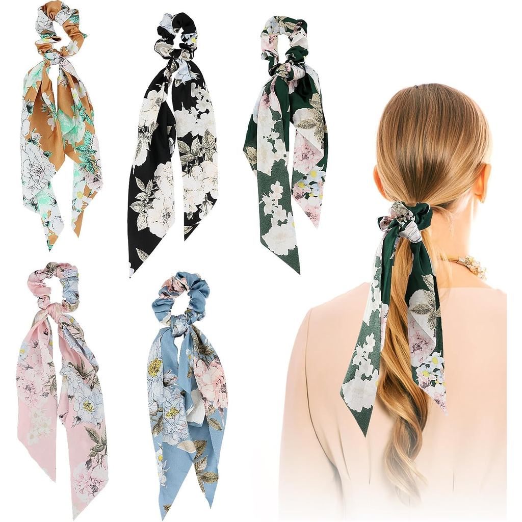 5 Scrunchies de Cabelo de Cetim, Scrunchies de Cabelo com Laço Floral, Scrunchies Tipo Lenço, Acessórios de Cabelo para 