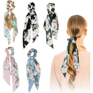 5 Scrunchies de Cabelo de Cetim, Scrunchies de Cabelo com Laço Floral, Scrunchies Tipo Lenço, Acessórios de Cabelo para 
