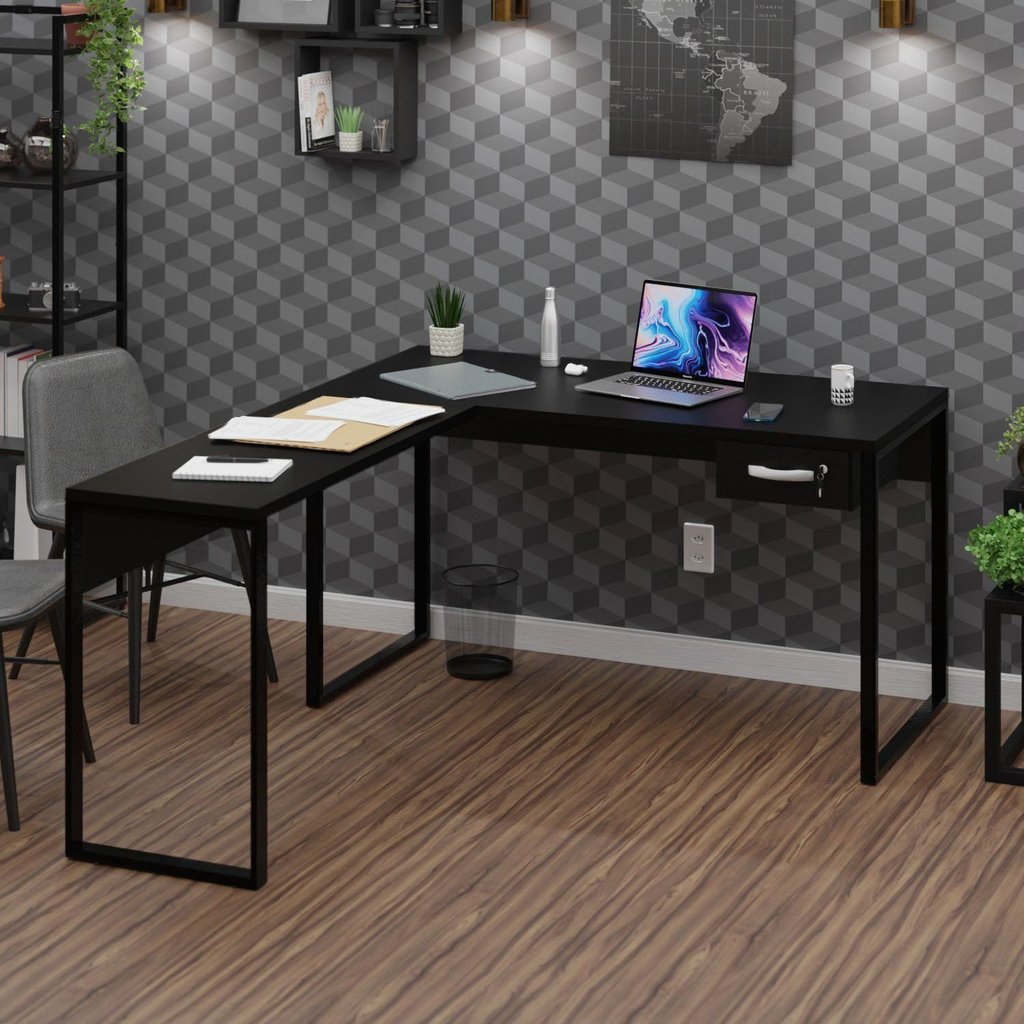 Mesa de Canto em L Escrivaninha com 1 Gaveta 120cm Industrial Preto Preto