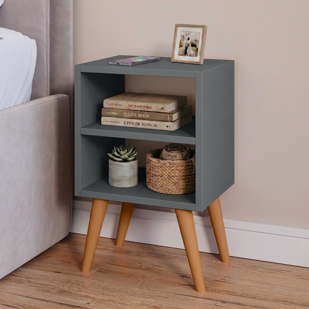 Mesa de Cabeceira Charme para Quarto Retrô Pés Palito Mutiuso lateral cama Cinza