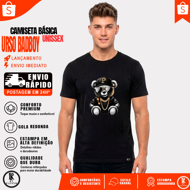 Camiseta Urso Bad Boy  Unissex Malha Algodão penteada Moda Streetwear Camisa Básica Unissex casual Diversas Cores