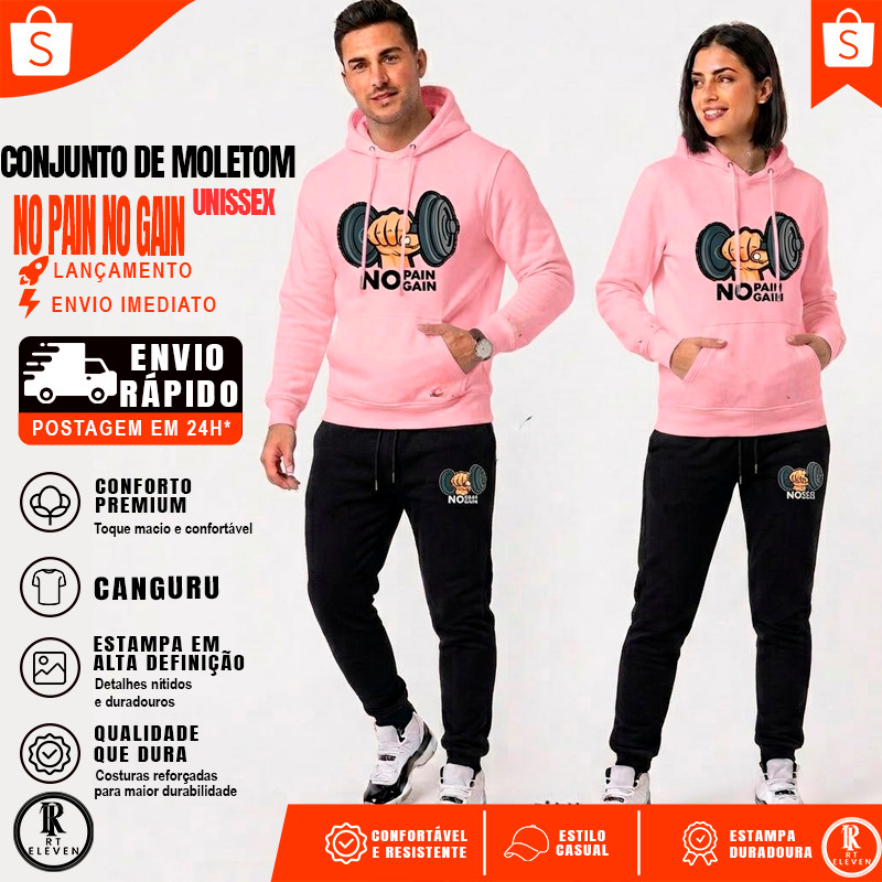 Conjunto Moletom No Pain No Gain casaco treino Blusa De Frio + Calça linha premium moleton canguru com bolso e capuz RT