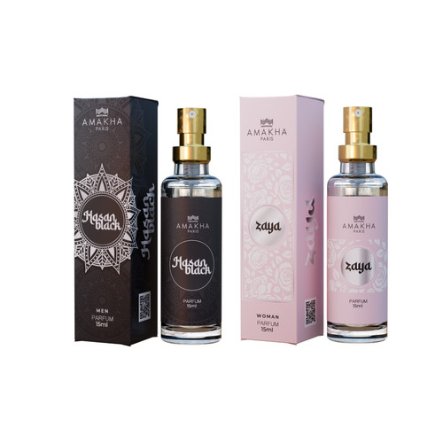 Kit de Perfumes Árabes : Zaya 15ml - Feminino + Hasan Black Parfum 15ml - Mascul