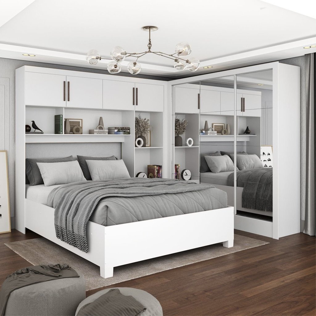 Guarda-Roupa Casal Modulado 4 Portas com Cama Santiago 3 Portas Premium 5 Gaveta com Espelho Branco Branco