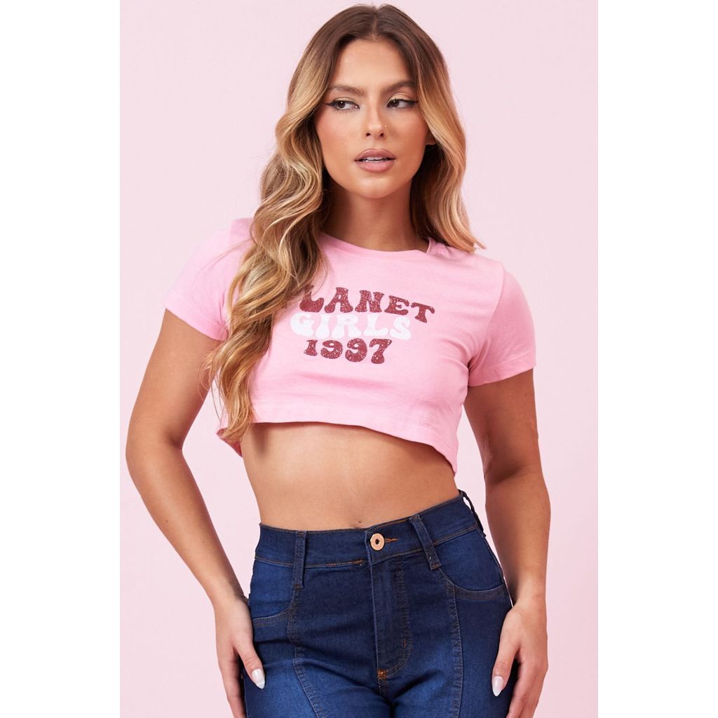 Camiseta Feminina Cropped 1997 Planet Girls Rosa Claro