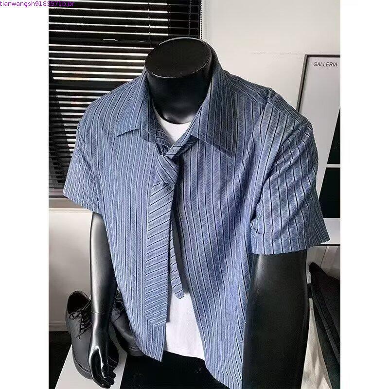 Americano Retro listrado gravata csa de manga curta texturizada verão moda masculina Casual Cardigan csa jaqueta