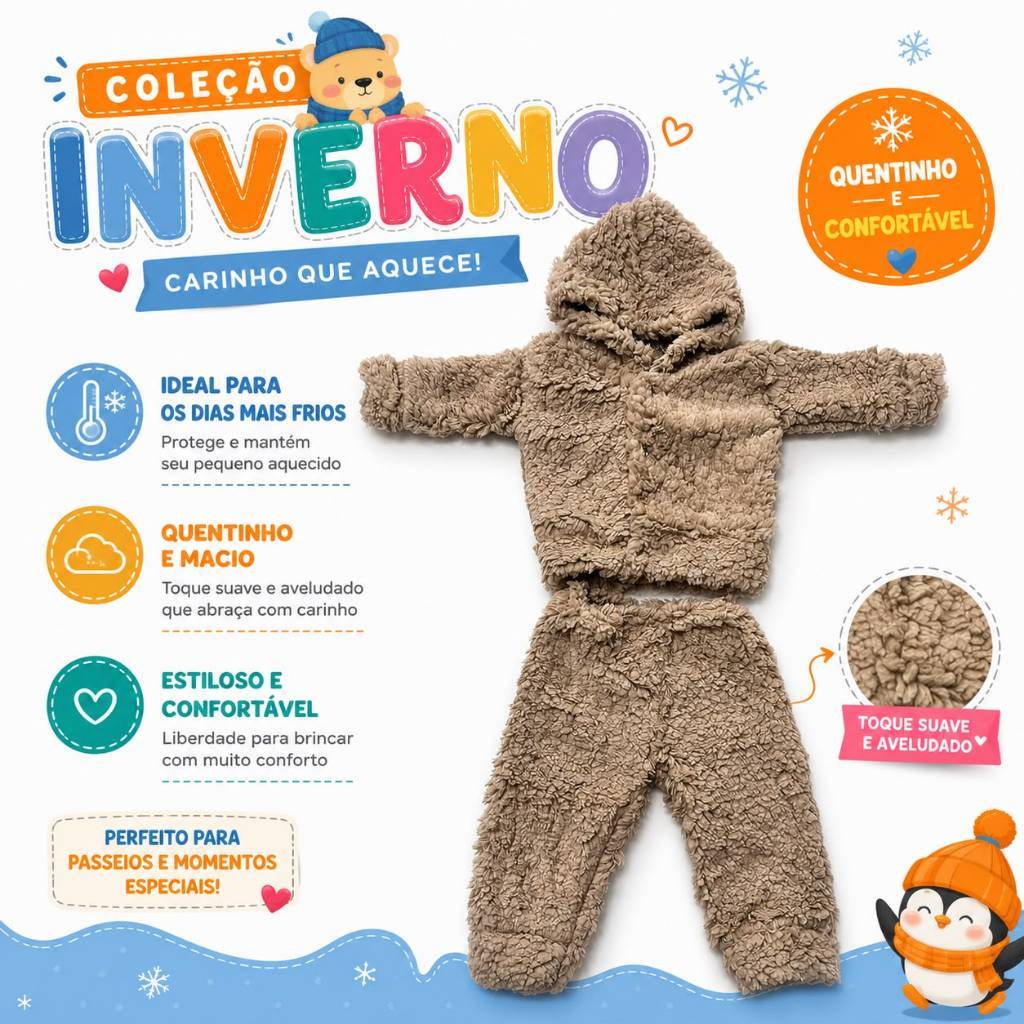Conjunto Sherpa Bebê Infantil Peluciado Inverno Quentinho Macio Com Capuz Unissex P ao G 0 a 9 Meses