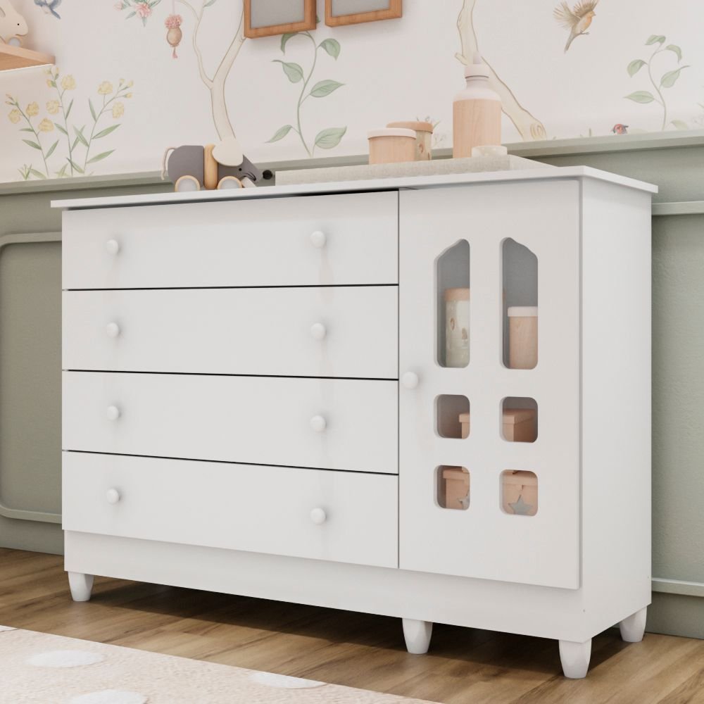 Cômoda Infantil 4 Gavetas com Porta Fraldário Gran Selena 100% MDF Branco