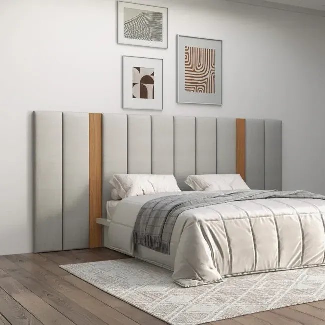 Cabeceira Estofada Queen 275cm Cinza Cinza/Freijó