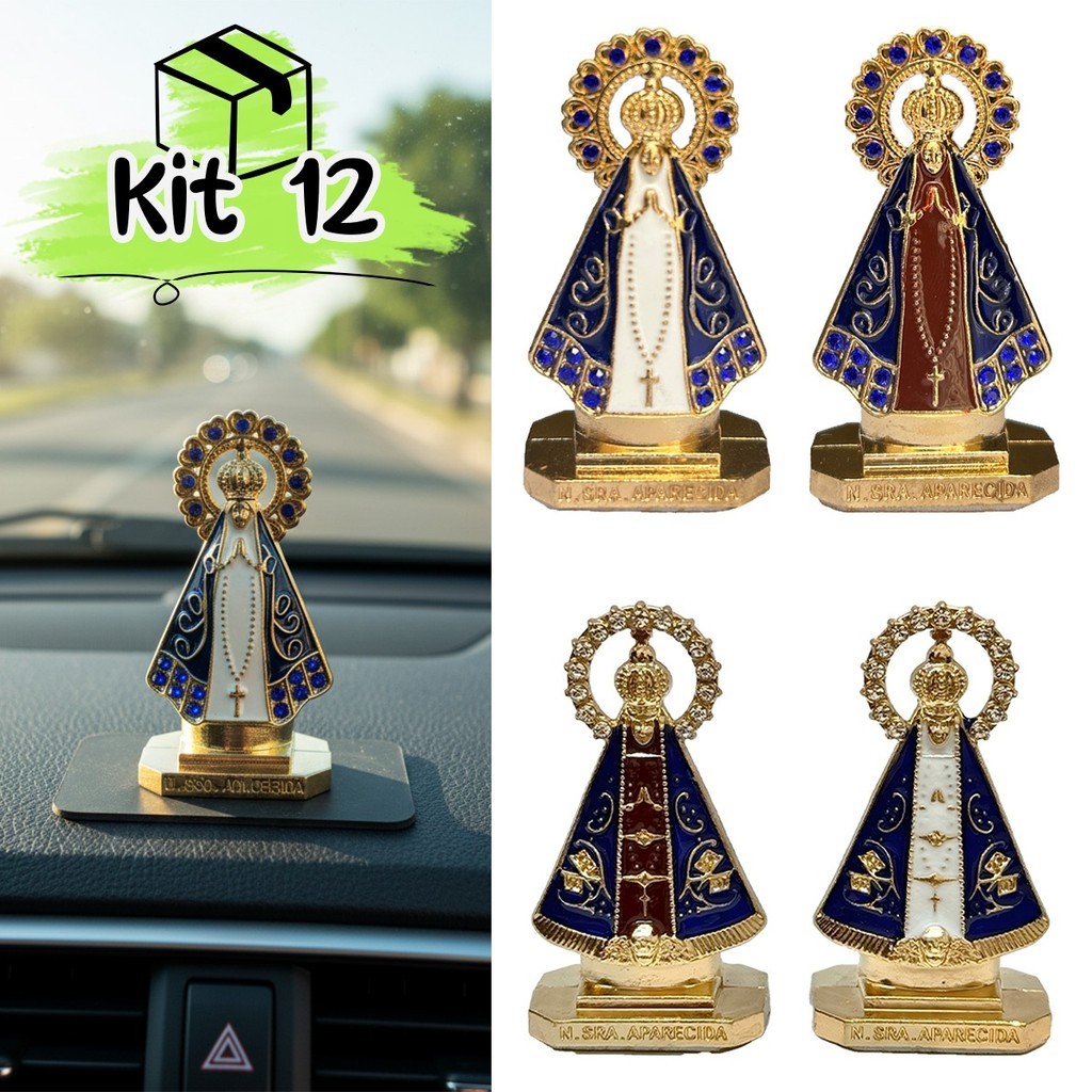 Kit 12 Imagens Nossa Senhora Aparecida em Metal 5,5cm – Base Adesiva – Decoração Religiosa e Automotiva