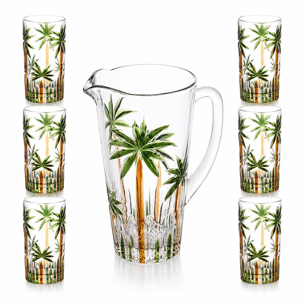 CONJUNTO JARRA COM 6 COPOS DE CRISTAL ECOLOGICO PALM TREE HANDPAINT