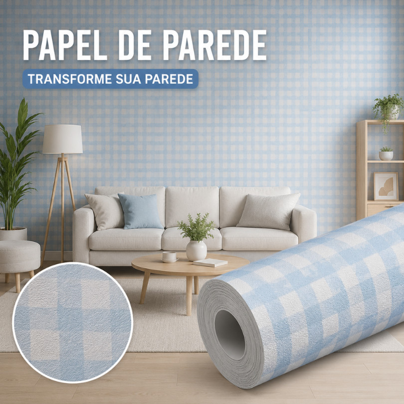 Papel de Parede Infantil Xadrez Azul Adesivo Premium Lavável Quarto Menino Bebê Unissex 5m x 45cm