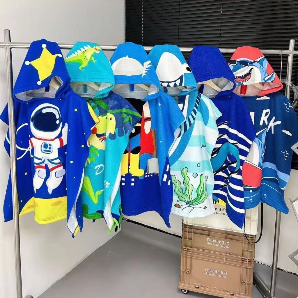 Roupão Infantil Menino E Menina Poncho Dinossauro Atoalhado Divertido Roupa de Banho Toalha Infantil Verão