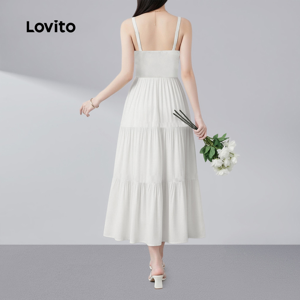 Lovito Vestido Branco Midi Evasê De Crochê Com Alças Finas Decote Em V Detalhes Ondulados E Barra Com Babados Em Camadas Para Férias Na Primavera/verão Para Mulheres LR35E012 · foto 2