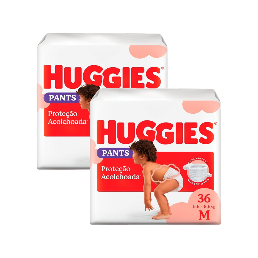 Kit 2 Fralda Huggies Pants Roupinha Proteção Acolchoada Tamanho M Pacote Mega 36 Unidades Descartáveis