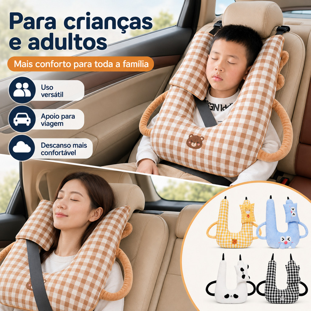 Travesseiro de Viagem Infantil para Carro Apoio de Cabeça e Pescoço para Crianças e Adultos