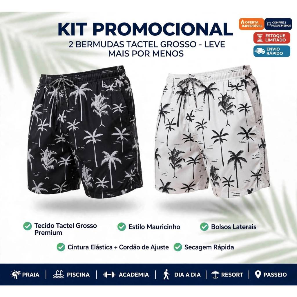 Kit 2 Bermudas Masculina Mauricinho Tactel Estampada Coqueiro Tactel Short Praia Fabricante