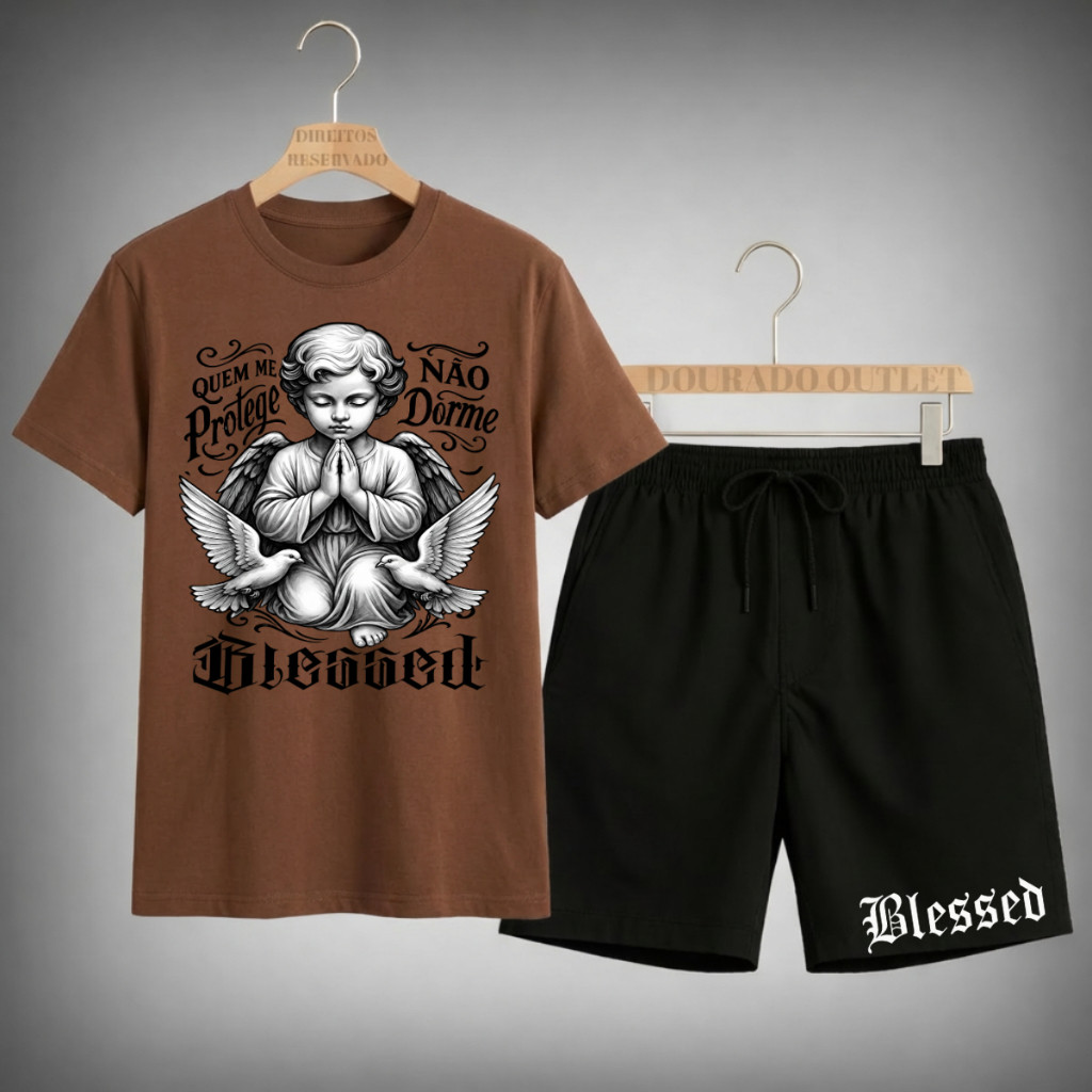Conjunto Camiseta + Shorts Mauricinho Masculino ANJO BLESSED Lançamento Alta Qualidade Exclusivo Primavera Verão