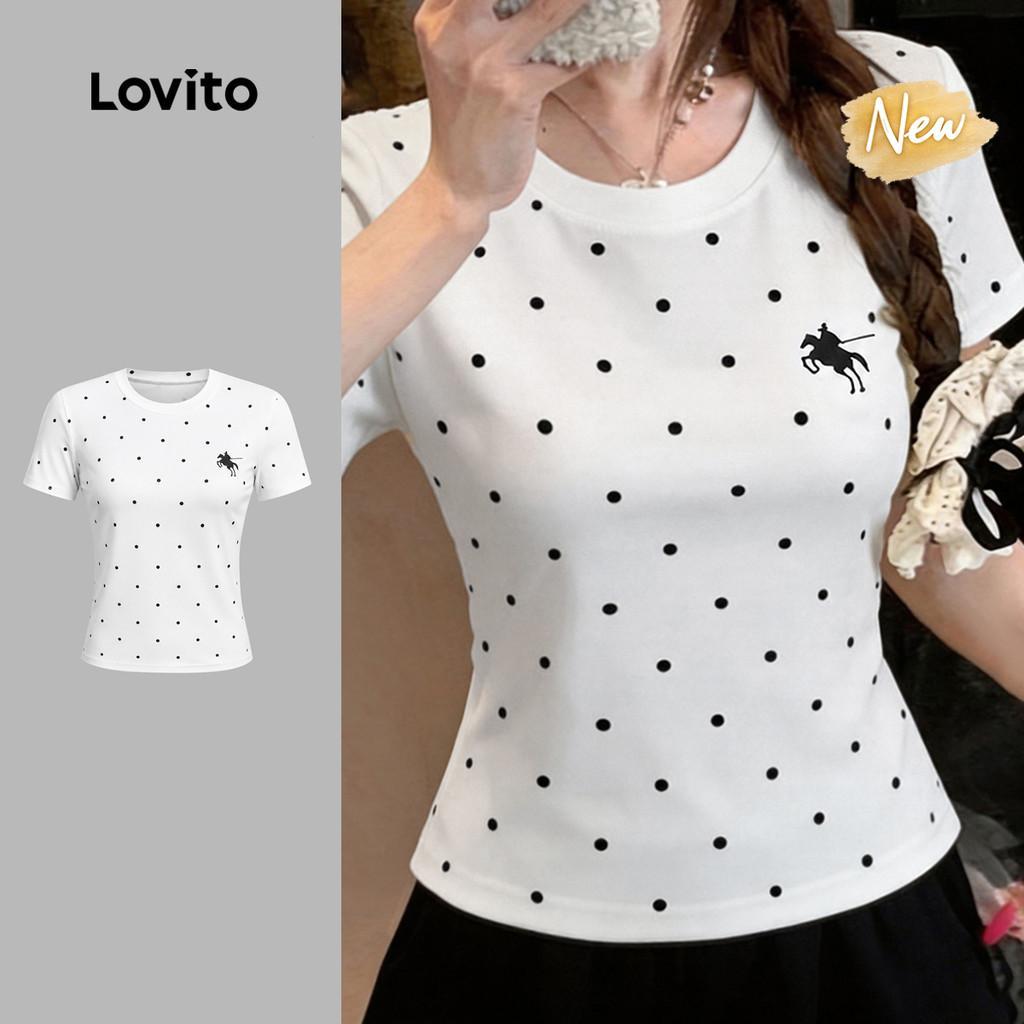 (New Arrival) Lovito Camiseta Elegante Feminina Padrão de Lazer Simples Preto e