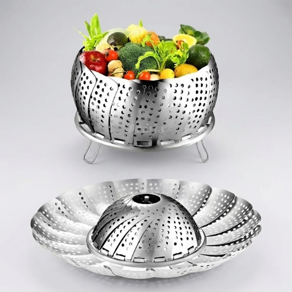 Cesto Vaporizador Inox Para Legumes Panela Grande Dobrável Cozinha Saudável G 27cm
