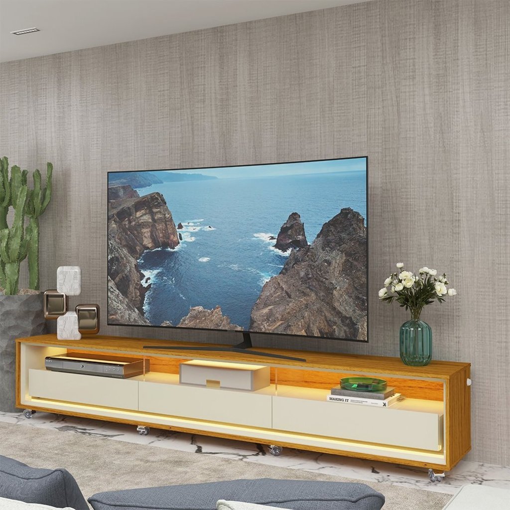 Rack para TV até 90 Polegadas com LED 100% MDF 260cm Rodízios Requinte Yescasa Marrom Naturale/Off White