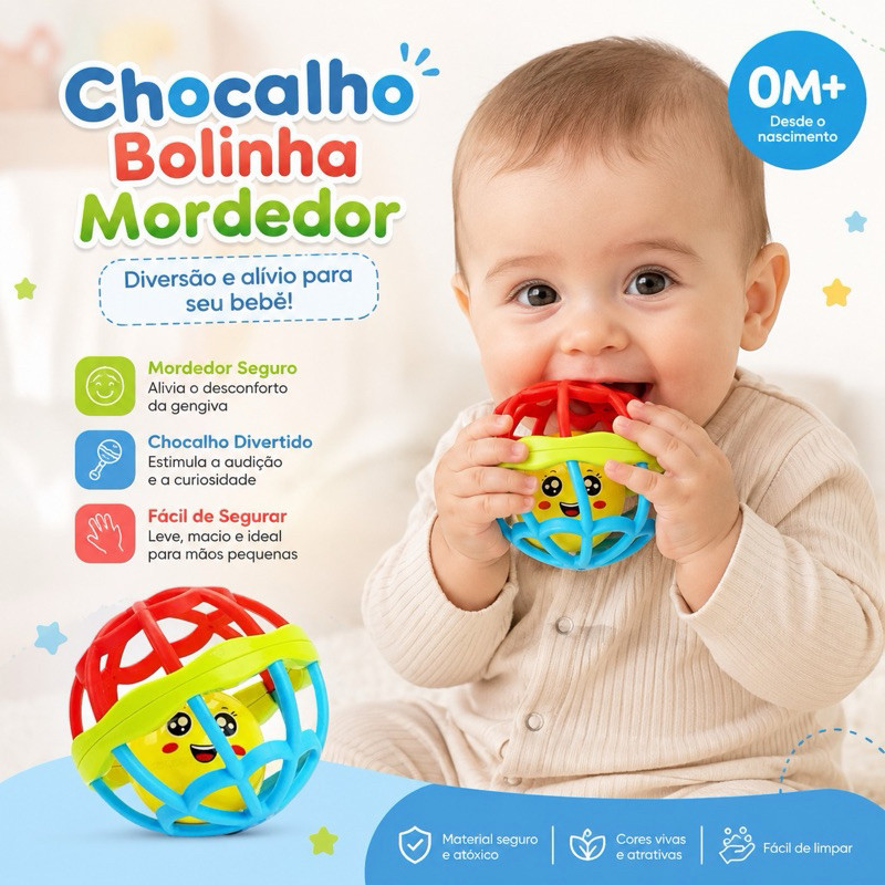 Kit  Chocalhos Colorido Bolinha Sensorial Mordedor de Silicone Brinquedo Baby Ball Cute. Envio Imediato