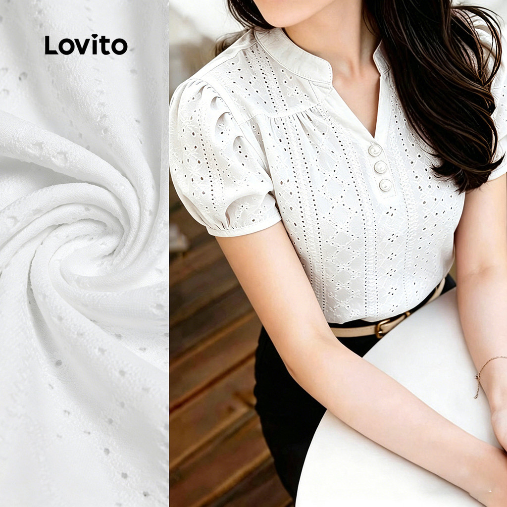 (New Arrival) Lovito Blusa Casual com Botão Jacquard Plissada Blusa Branca de Pr