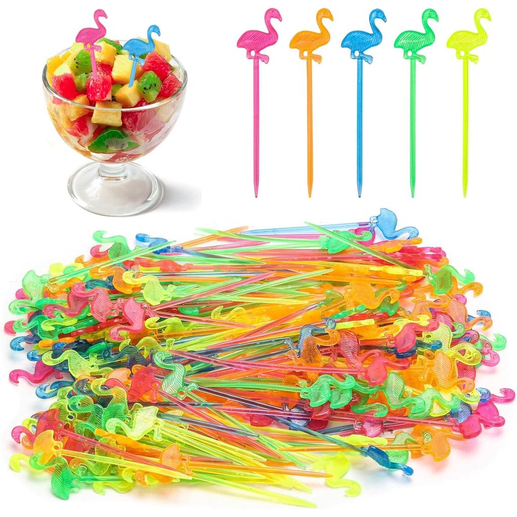 200 Palitos de Coquetel Flamingo para Aperitivos, Frutas e Artigos de Festa - Multicoloridos (3,2 Polegadas)
