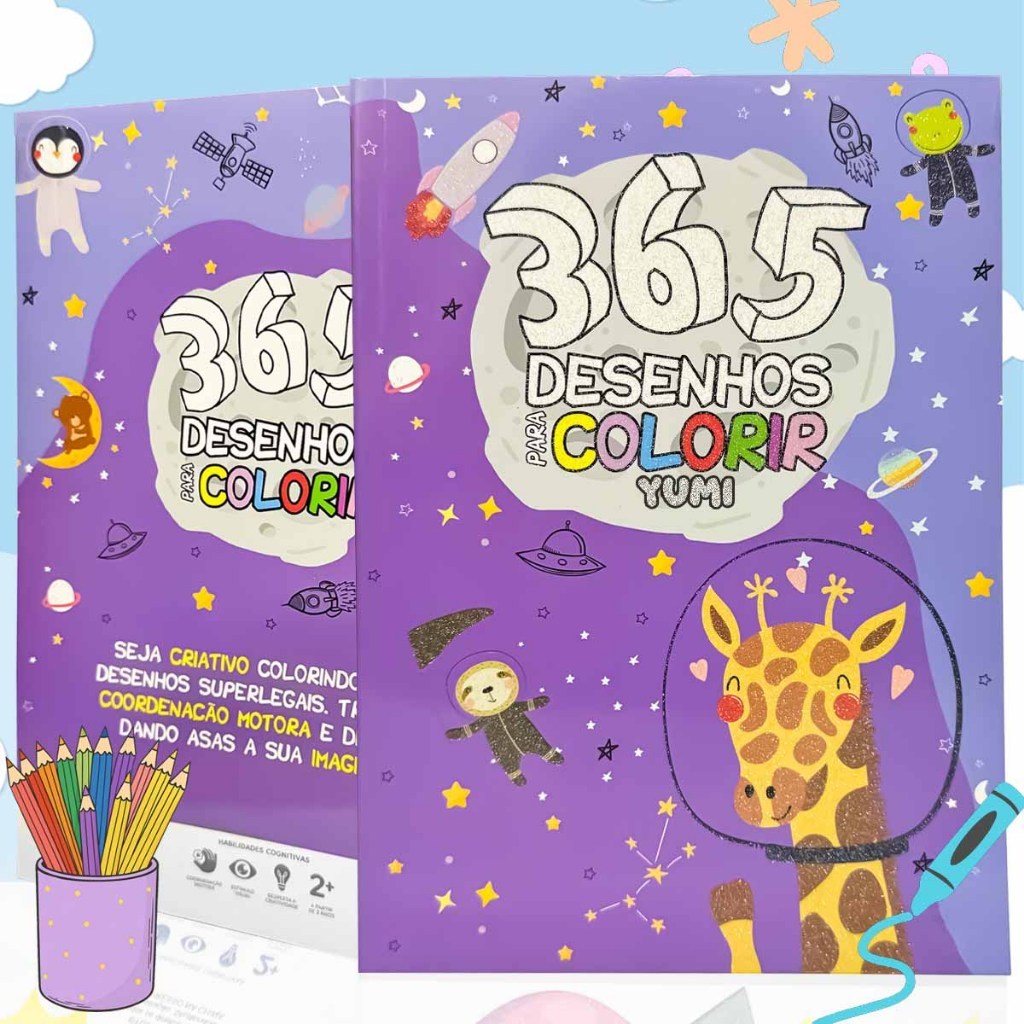Livro Infantil 365 Desenhos Para Colorir Livro De Pintura Capa C/ Glitter Folhas Brancas Vol. 2