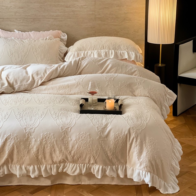 Renda francesa leite veludo conjunto de quatro peças lençol estilo princesa inverno cama engrossado quente lençol colcha