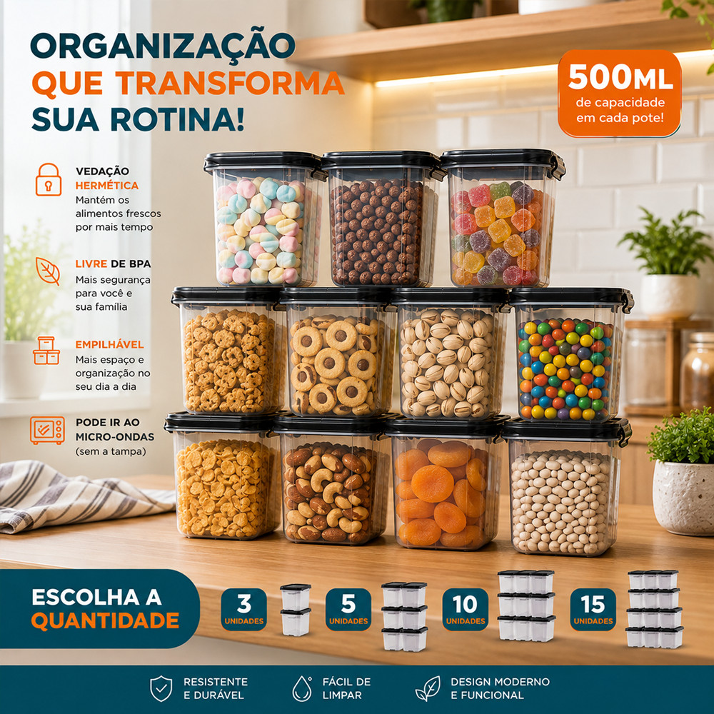 Kit Marmita Fitness Potes Plásticos 500ML P/ Microondas e Geladeiras Dietas