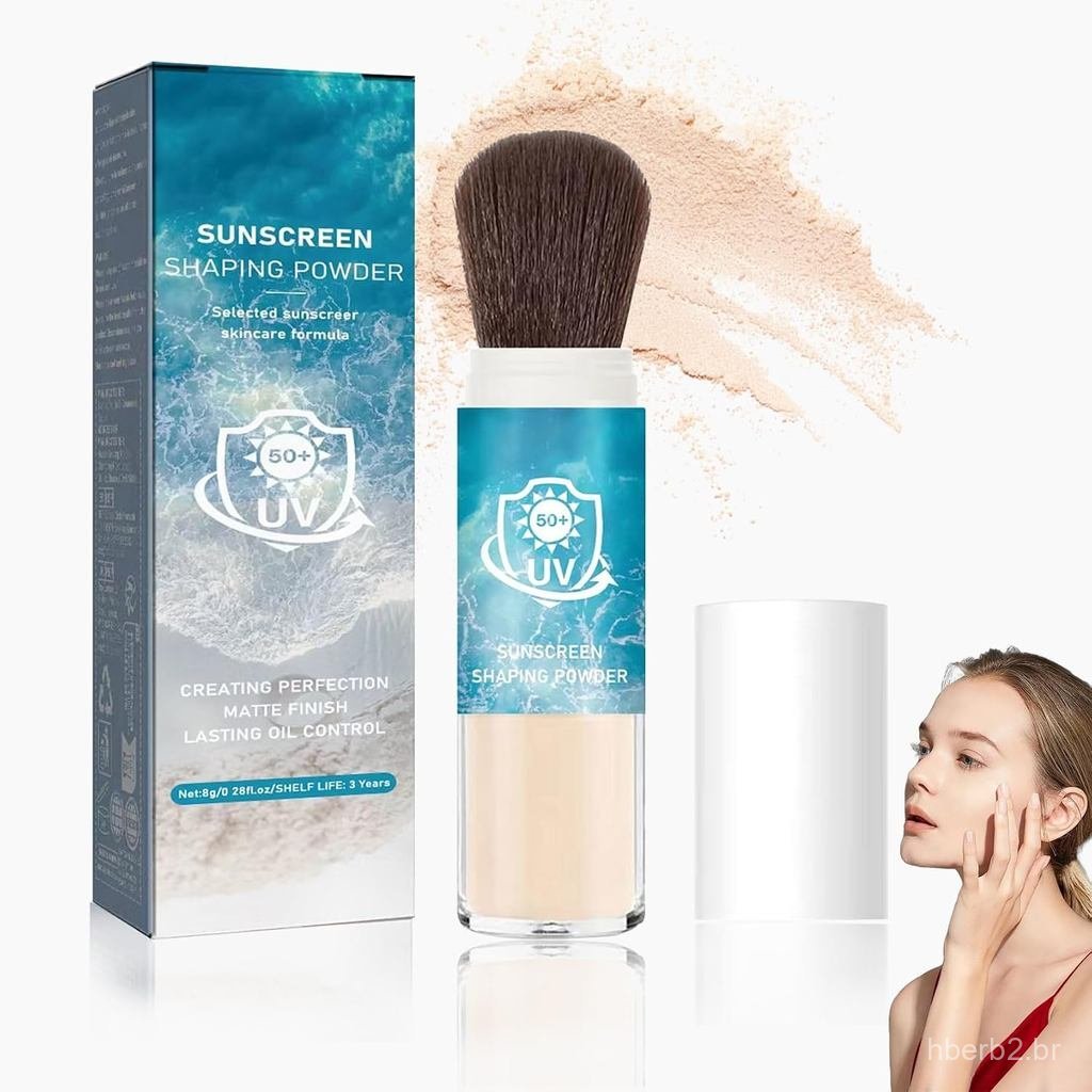 Pó fixador mineral com proteção solar FPS50+, pó mineral para aplicação com pincel, pó fixador com proteção solar e cont