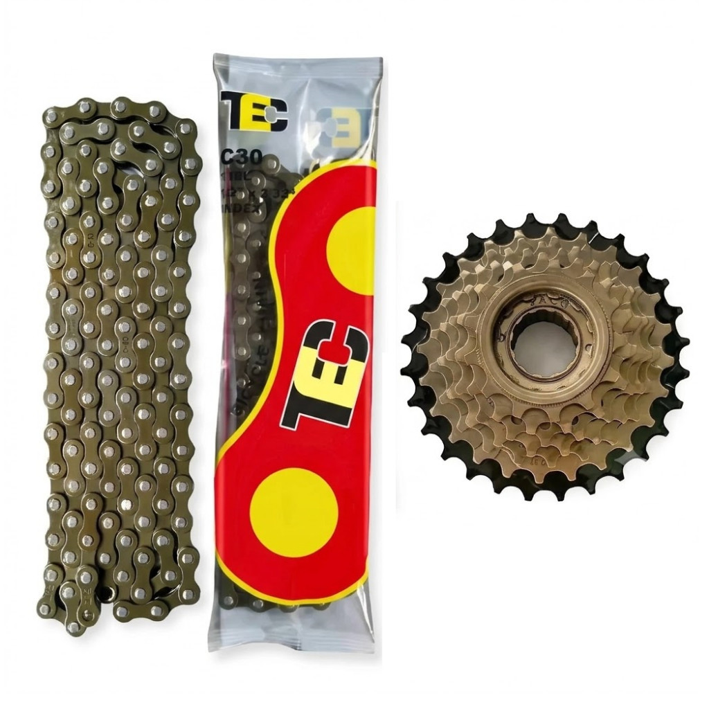 Kit Bicicleta 21 Marcha - Catraca Roda Livre 7 Velocidade Paco Indexada + Corrente Fina Tec 116 Elos