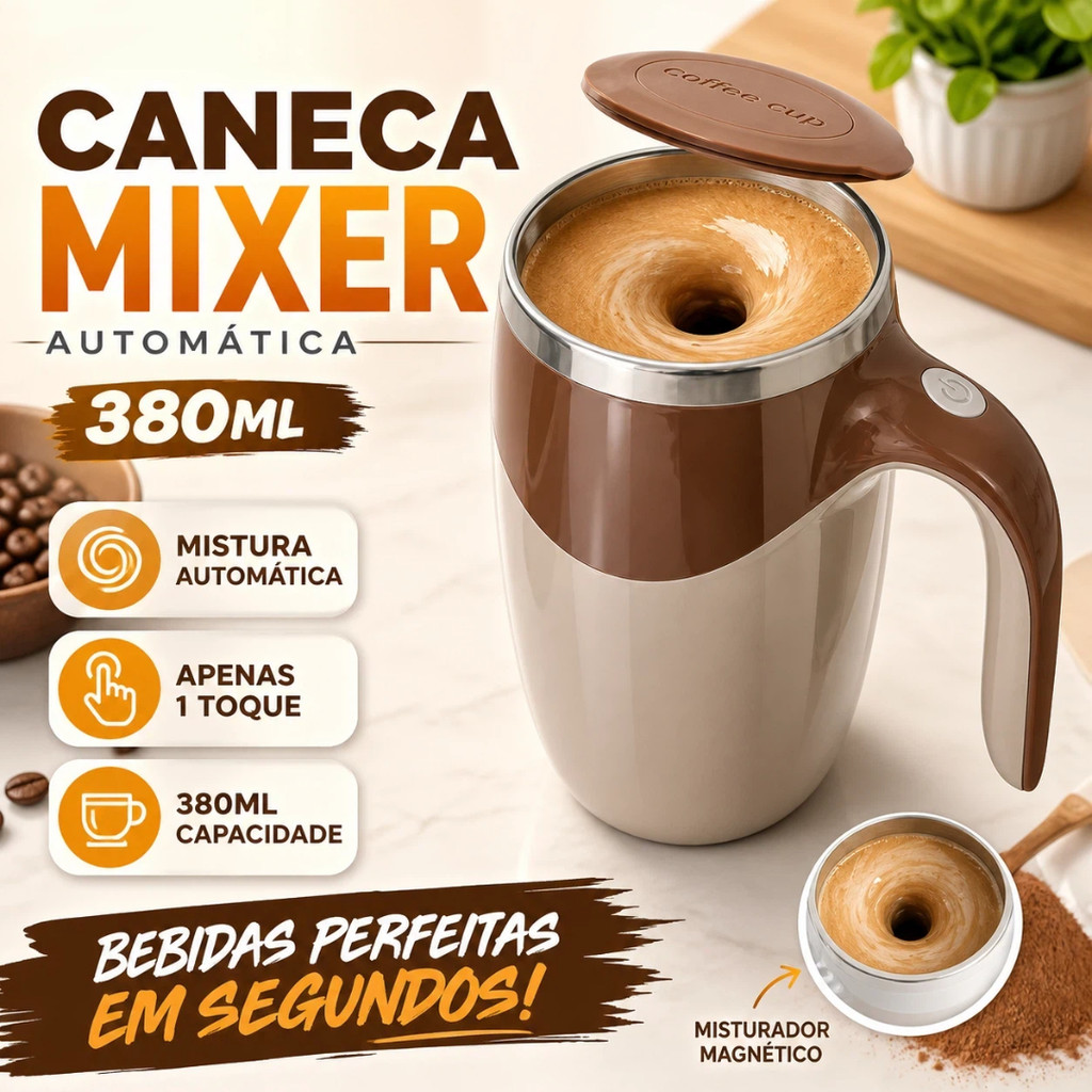 Caneca Mixer Automática 380ml Misturador Magnético Elétrico Para Café Shake Chocolate Leite