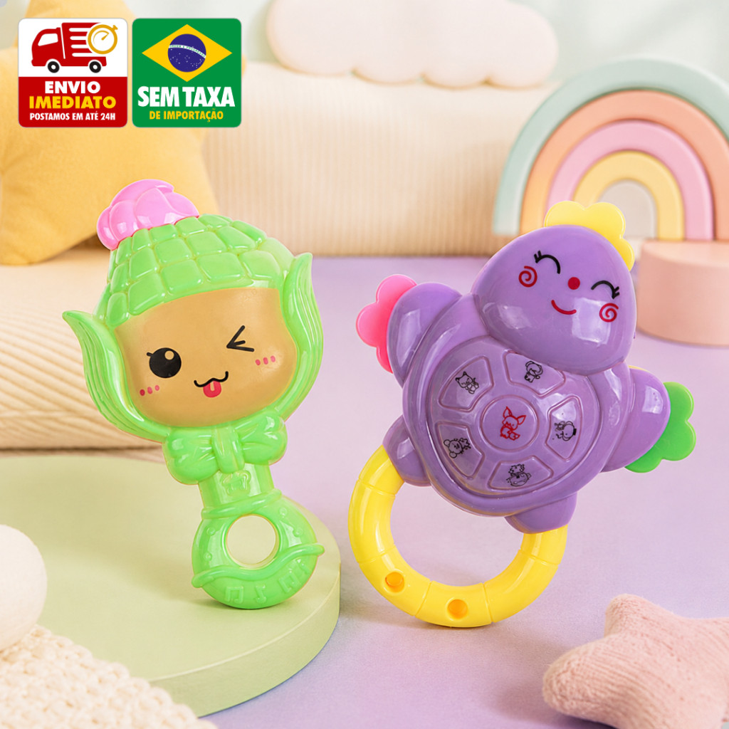 Chocalho Bebê Kit com 2 Coloridos Mordedor Sensorial Educativo 8,1x10,8cm Criança Infantil