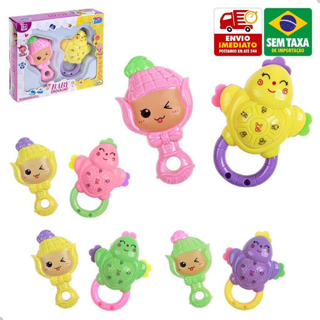 Kit 2 Chocalhos Baby Coloridos Sensorial Mordedor Infantil Brinquedo Bebê 8,1x10,8cm INMETRO