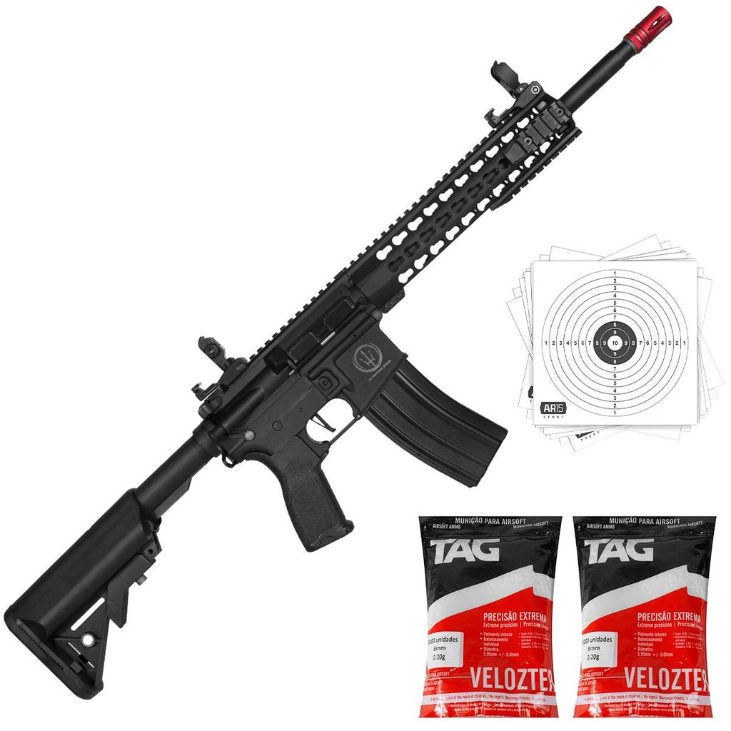 RIFLE AIRSOFT ELÉTRICO ROSSI AR15 NEPTUNE KEYMOD 6MM + COMBO BÁSICO 01
