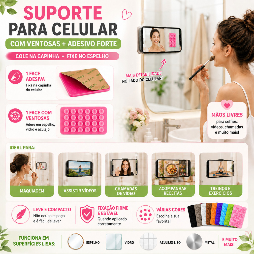 Suporte Ventosa para Celular com Adesivo Forte – Cola na Capinha e Fixa em Espelho, Vidro e Azulejo