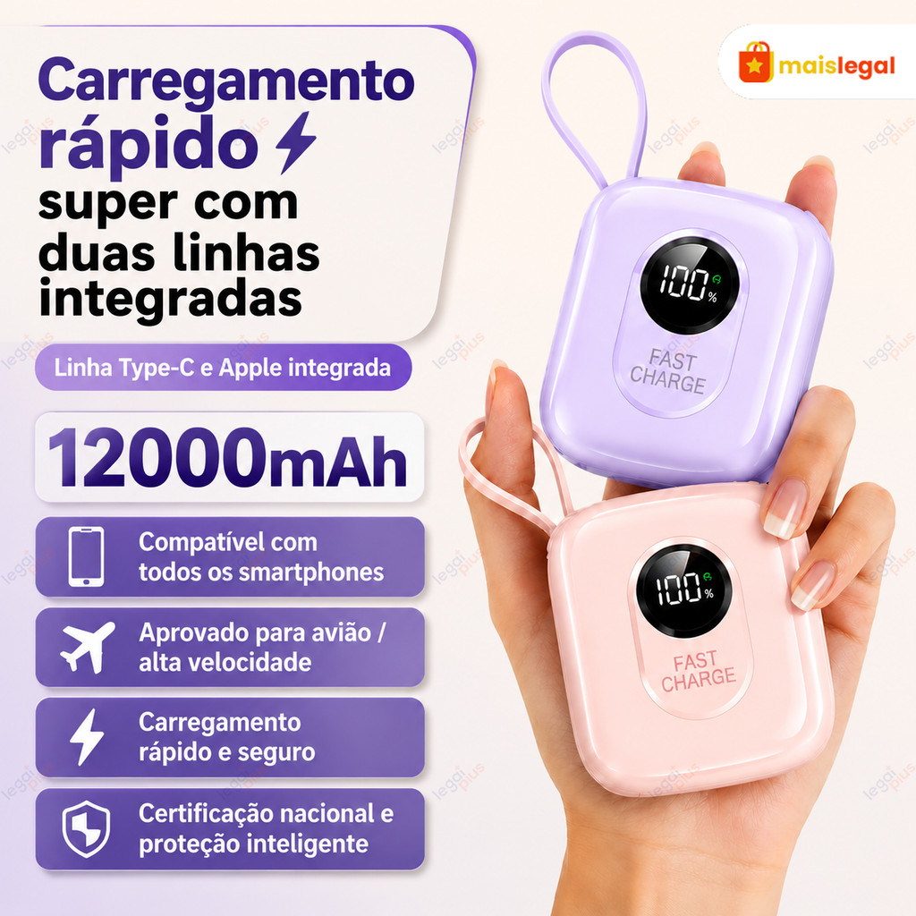 Power Bank 12000mAh com Tela LED, Cabos Embutidos, Carregamento Rápido, Leve e Portátil para iPhone e Android