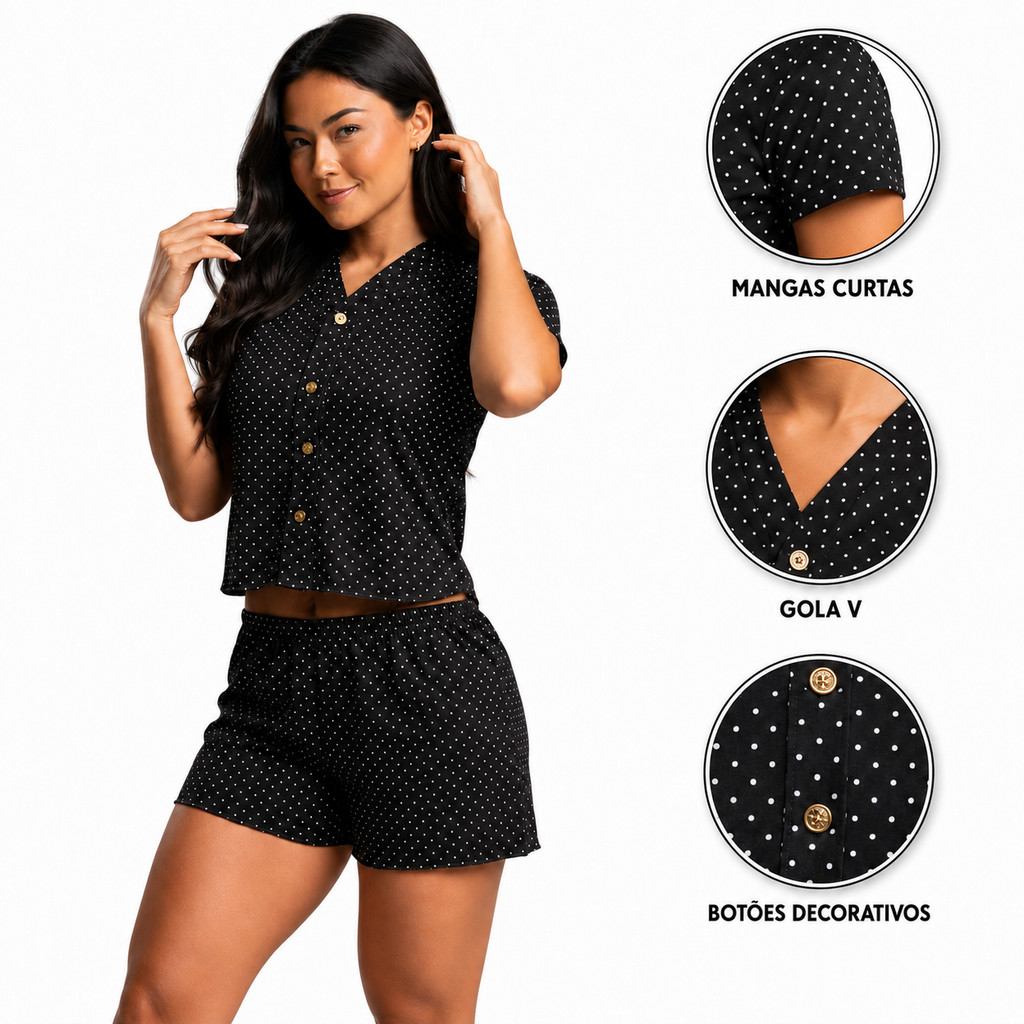 Pijama Short Doll Baby Doll Manga Curta Camisa Gola em V e Botão Estético - Sem Abertura - Estampado
