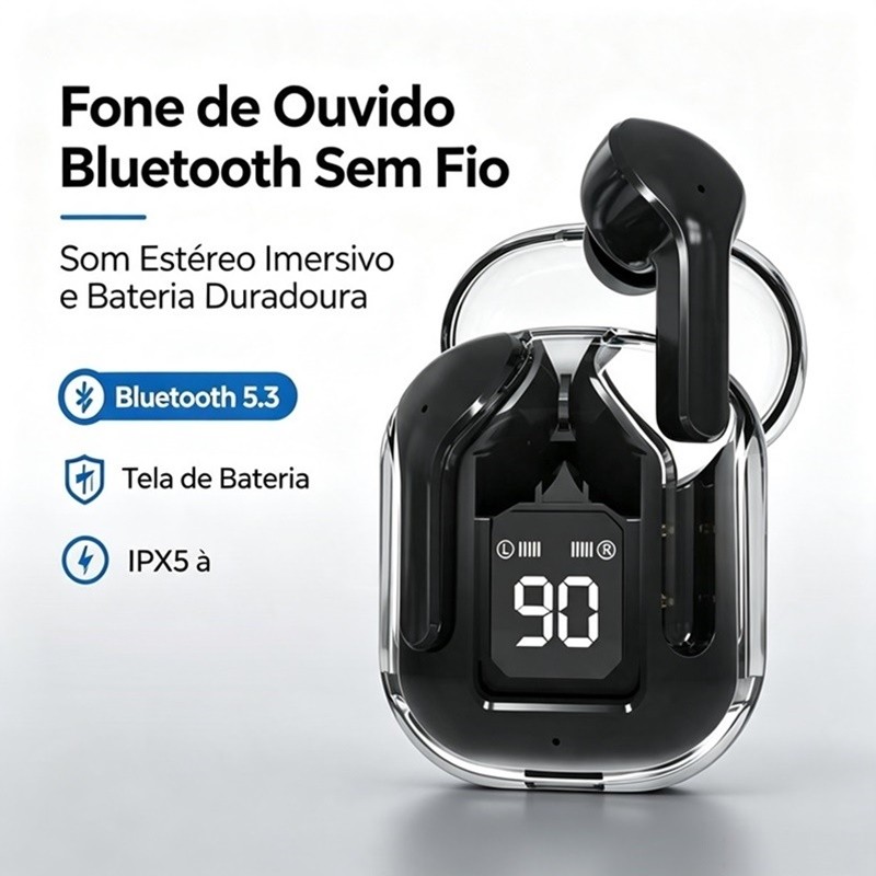Fone Bluetooth 5.0 com Microfone Estéreo Hi-Fi Cancelamento de Ruído Estojo Carregador 300mAh Voltikk